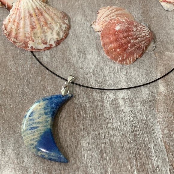 Blue Chrysanthemum Coral Fossil Half-Moon Pendant Necklace – One of a Kind - Picture 2 of 7